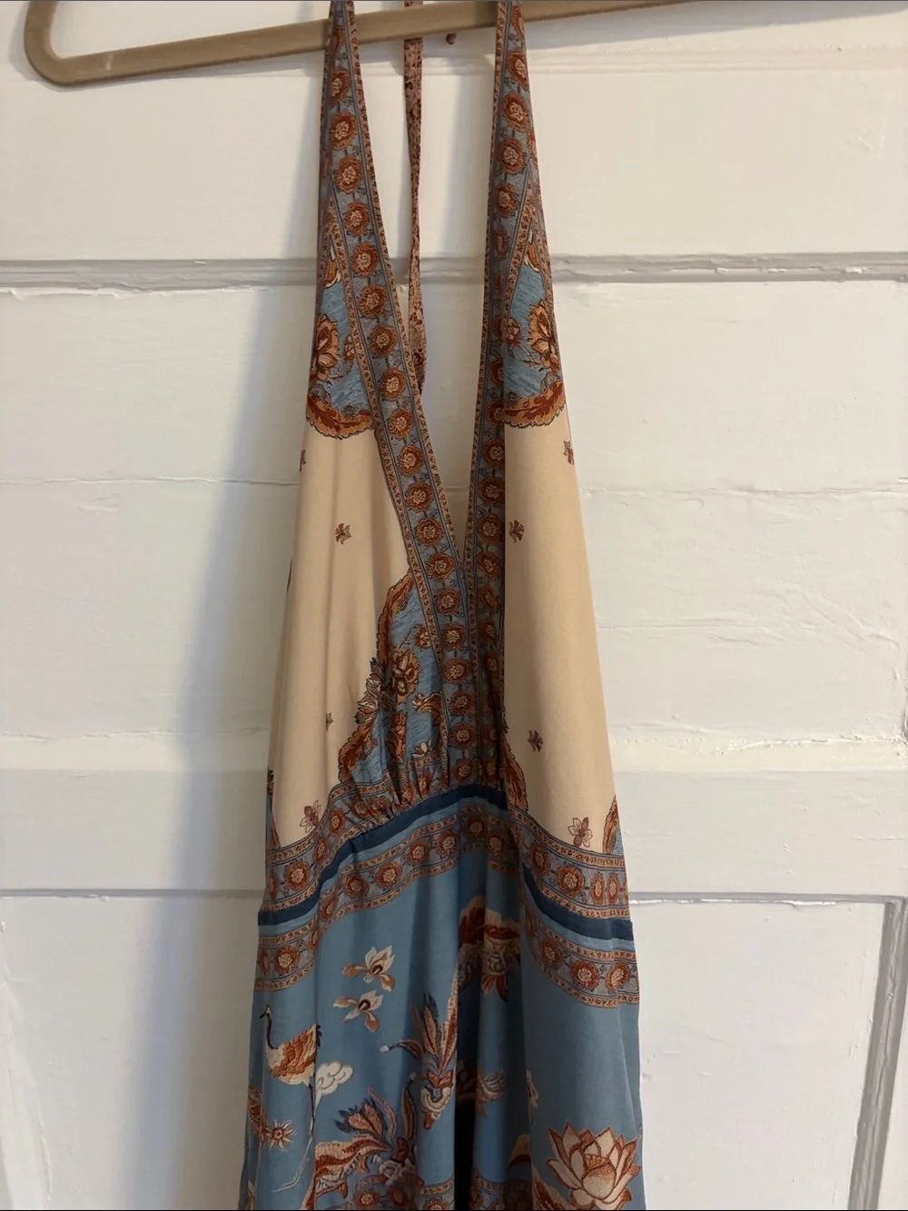 Boho Floral Halter Maxi Dress - Blue & Cream
